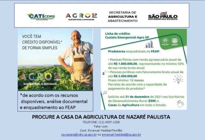 Linha de crédito emergencial AGRO SP - Fundo de Expansão do Agronegócio - FEAP/BANAGRO
